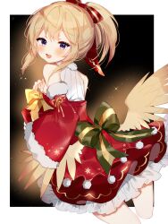 Rule 34 | 1girl, back bow, blonde hair, blush, bow, box, breasts, dress, frilled dress, frills, fur-trimmed dress, fur trim, gift, gift box, gold ribbon, green bow, hair ribbon, harpy, highres, holding, holding gift, indie virtual youtuber, mavia (vtuber), monster girl, open mouth, pom pom (clothes), ponytail, purple eyes, red dress, red ribbon, ribbon, second-party source, snowflake print, solo, sorani (kaeru0768), two-tone bow, two-tone ribbon, virtual youtuber, yellow wings