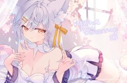 Rule 34 | 1girl, animal ear fluff, animal ears, bare shoulders, breasts, cherry blossoms, cleavage, closed mouth, commission, curtains, cushion, detached collar, detached sleeves, dress, fox ears, hair between eyes, hair ornament, hair ribbon, hairclip, highres, japanese clothes, komomo (2899), long hair, long sleeves, looking at viewer, lying, medium breasts, on stomach, original, ribbon, signature, skeb commission, smile, solo, white dress, window, yellow eyes