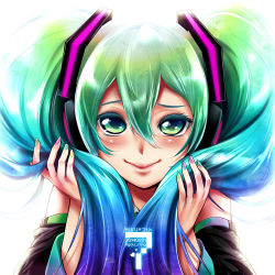 Rule 34 | 10s, 1girl, 2014, blush, character name, dated, detached sleeves, face, green eyes, green hair, hatsune miku, headphones, kitano tomotoshi, long hair, matching hair/eyes, smile, solo, twintails, vocaloid