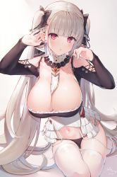 Rule 34 | 1girl, absurdres, asla yu, azur lane, black panties, blush, breasts, cleavage, collar, collarbone, commentary request, dated, earrings, formidable (azur lane), garter straps, hair ribbon, highres, jewelry, large breasts, long hair, multi-strapped panties, navel, panties, platinum blonde hair, red eyes, ribbon, signature, solo, thighhighs, twintails, two-tone ribbon, underwear, very long hair, white thighhighs