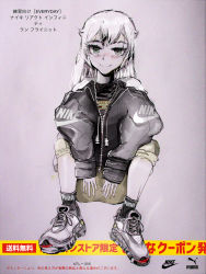 Rule 34 | 1girl, absurdres, blush, calf, closed mouth, eyebrows, eyelashes, green eyes, grey background, gucci, hair flaps, hands on own knees, highres, hood, hooded jacket, hoodie, jacket, kakichurma, long eyelashes, long hair, long sleeves, looking at viewer, mixed media, nike (company), original, oversized clothes, oversized shirt, puma, puma (brand), self-upload, shirt, shoes, shorts, sidelocks, sitting, sketch, smile, sneakers, socks, solo, spread legs, white hair