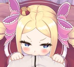 Rule 34 | 1boy, 1girl, beatrice (re:zero), biting, biting clothes, blonde hair, blush, butterfly-shaped pupils, capelet, commentary, crown, dress, drill hair, fur-trimmed capelet, fur trim, long hair, looking at viewer, mini crown, natsuki subaru, pink ribbon, pov, re:zero kara hajimeru isekai seikatsu, red capelet, red dress, ribbon, s (hdru2332), symbol-only commentary, symbol-shaped pupils, track suit, twin drills