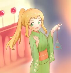 Rule 34 | 1girl, blonde hair, blush, candy apple, fish, food, green eyes, highres, inose mai, japanese clothes, kimono, koisuru asteroid, looking at viewer, naorimirai777, open mouth, outdoors, ponytail, solo, standing