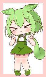 Rule 34 | &gt; &lt;, 1girl, absurdres, blush, chibi, closed eyes, closed mouth, double v, facing viewer, full body, green footwear, green hair, green skirt, hair between eyes, hana kazari, hands up, highres, long hair, outline, pigeon-toed, pink background, puffy short sleeves, puffy sleeves, shirt, shoes, short sleeves, skirt, smile, solo, standing, suspender skirt, suspenders, two-tone background, v, very long hair, voicevox, white background, white outline, white shirt, zundamon