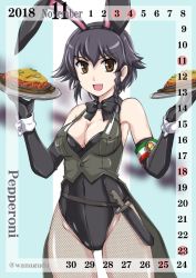 Rule 34 | 10s, 1girl, :d, adapted uniform, animal ears, anzio (emblem), anzio military uniform, armband, belt, black belt, black bow, black bowtie, black collar, black gloves, black hair, black leotard, black pantyhose, blurry, blurry background, bow, bowtie, braid, breasts, brown eyes, calendar, character name, cleavage, coattails, collar, commentary request, cowboy shot, detached collar, elbow gloves, emblem, english text, fake animal ears, fishnet pantyhose, fishnets, food, girls und panzer, gloves, grey jacket, highleg, highleg leotard, highres, holding, jacket, knife, leotard, looking at viewer, medium breasts, november, open mouth, pantyhose, pasta, pepperoni (girls und panzer), plate, playboy bunny, rabbit ears, side braid, smile, solo, spaghetti strap, standing, twitter username, wan&#039;yan aguda, wing collar, wrist cuffs
