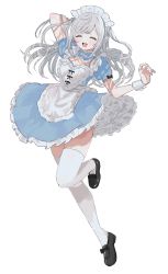 Rule 34 | 1girl, :d, ^ ^, absurdres, apron, black bow, black footwear, blue dress, bow, cleavage cutout, closed eyes, clothing cutout, dress, frilled dress, frills, full body, highres, maid, maid headdress, mary janes, mechiru, open mouth, original, petticoat, puffy short sleeves, puffy sleeves, shoes, short sleeves, smile, solo, thighhighs, two side up, white apron, white hair, white headwear, white thighhighs, wing hair ornament, wrist cuffs, zettai ryouiki