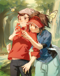 Rule 34 | 2boys, absurdres, bag, beanie, blue jacket, bodysuit, bodysuit under clothes, brown eyes, brown hair, butterfree, cable knit, closed mouth, commentary request, creatures (company), cutiefly, day, game freak, gen 1 pokemon, gen 4 pokemon, gen 7 pokemon, grey headwear, hat, highres, holding, holding phone, jacket, male focus, multiple boys, nate (pokemon), nintendo, outdoors, pants, phone, pokemon, pokemon (creature), pokemon bw2, pokemon swsh, red headwear, red shirt, rotom, rotom phone, shirt, short hair, sleeves rolled up, sweatdrop, swept bangs, tree, victor (pokemon), visor cap, zhongmu
