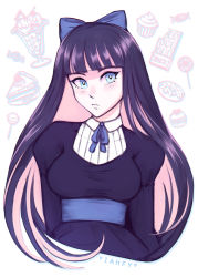 Rule 34 | 1girl, :&lt;, black dress, blue eyes, blunt bangs, breasts, colored inner hair, commentary, dress, facing viewer, iahfy, long hair, medium breasts, multicolored hair, panty &amp; stocking with garterbelt, pink hair, purple hair, sash, solo, stocking (psg), two-tone hair, upper body, very long hair