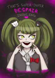 Rule 34 | 1girl, bear hair ornament, black shirt, blood, blood splatter, blood writing, bow, bowtie, collared shirt, danganronpa (series), danganronpa 3 (anime), danganronpa another episode: ultra despair girls, english text, eyebrows hidden by hair, eyelashes, female focus, green eyes, green hair, hair ornament, hands on own face, highres, kococola, long hair, looking at viewer, necktie, nose, open mouth, pink blood, pointing, pointing at self, red bow, shirt, short sleeves, smile, solo, swastika, teeth, towa monaca, twintails, upper teeth only, white necktie