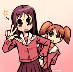 Rule 34 | 2girls, azumanga daioh&#039;s school uniform, azumanga daiou, black eyes, black hair, brown eyes, brown hair, chibi, commentary, english commentary, gradient background, hand on own hip, highres, kasuga ayumu, leaning to the side, looking at another, looking at viewer, medium hair, mihama chiyo, multiple girls, open mouth, pink background, rroketas, sailor collar, school uniform, simple background, star (symbol), twintails, twitter username, v, white background, white sailor collar, winter uniform