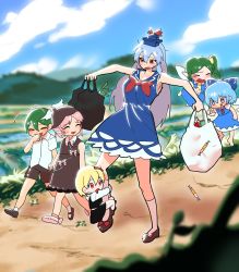 Rule 34 | &gt; &lt;, 10000 we, 6+girls, :q, aged down, animal ears, annoyed, antennae, ascot, bag, barefoot, bird ears, black skirt, black vest, blonde hair, blue bow, blue dress, blue eyes, blue hair, blue headwear, blue skirt, blue vest, blurry, blurry background, blurry foreground, bow, brown dress, brown footwear, brown headwear, brown shorts, can, child, cirno, cloud, collared dress, collared shirt, daiyousei, dress, dress bow, fairy wings, falling, flat chest, flying, footwear bow, giggling, grass, green hair, hair bow, hair ribbon, highres, hill, holding, holding bag, holding hands, holding on, ice, ice wings, kamishirasawa keine, leg grab, long hair, long sleeves, multiple girls, mystia lorelei, open mouth, pinafore dress, pink bow, pink footwear, pink hair, red ascot, red bow, red eyes, red ribbon, ribbon, rice paddy, road, rumia, sandals, shirt, shoes, shopping bag, short dress, short hair, short sleeves, shorts, side ponytail, skirt, skirt set, sleeveless dress, smile, snack, socks, spring onion, sweat, swept bangs, team 9, tearing up, tongue, tongue out, touhou, v-shaped eyebrows, vest, walking, white shirt, winged hat, wings, wriggle nightbug, yellow ascot, yellow bow