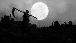 Rule 34 | artist name, bloodborne, cloak, commentary, copyright name, from side, full moon, gehrman the first hunter, gradient background, grey background, greyscale, hat, highres, holding, monochrome, moon, over shoulder, scythe, tricorne, tripdancer, weapon, weapon over shoulder