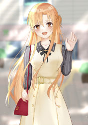 Rule 34 | 1girl, absurdres, alternate costume, asuna (sao), bag, belt, belt buckle, blurry, blurry background, blush, braid, brown eyes, brown hair, buckle, casual, depth of field, french braid, handbag, heart pendant, highres, jewelry, long hair, necklace, open mouth, outdoors, solo, sword art online, syukuhuku 0, very long hair, waving