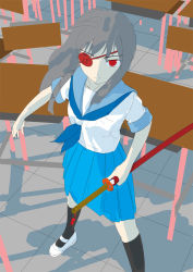 Rule 34 | eyepatch, katana, nekokan, original, red eyes, school uniform, serafuku, shoes, solo, sword, uwabaki, weapon