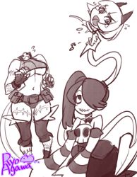 Rule 34 | 2girls, agawa ryou, animal ears, artist name, bad id, bad tumblr id, bell, belt, cat ears, cat tail, collar, detached leggings, detached sleeves, disembodied head, fang, fingerless gloves, gloves, hair over one eye, leviathan (skullgirls), midriff, monochrome, ms. fortune (skullgirls), multiple girls, neck bell, scar, severed head, side ponytail, skull, skullgirls, sleeveless, sleeveless turtleneck, smile, squigly (skullgirls), stitched mouth, stitches, tail, tears, turtleneck, underwear, wide hips, zombie