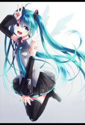 Rule 34 | 1girl, ahoge, aqua eyes, aqua hair, arm up, asato727, boots, detached sleeves, hatsune miku, high heels, highres, letterboxed, long hair, necktie, open mouth, skirt, solo, thigh boots, thighhighs, twintails, v, very long hair, vocaloid, wings