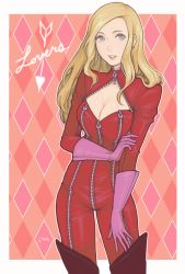 Rule 34 | 10s, 1girl, alternate hairstyle, bad id, bad pixiv id, blonde hair, blue eyes, boots, breasts, cleavage, gloves, hair down, highres, jivke, looking at viewer, persona, persona 5, smile, solo, takamaki anne, thigh boots, thighhighs, zipper