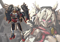 Rule 34 | 10s, 1girl, adapted costume, bare arms, bare shoulders, belt, black thighhighs, blonde hair, breasts, cleavage, collar, dark-skinned female, dark skin, full body, gloves, glowing, glowing eyes, hair ornament, high heels, joints, kantai collection, looking at viewer, machinery, mecha, mechanization, musashi (kancolle), projected inset, red eyes, red skirt, robot, robot joints, sarashi, simple background, skirt, solo, standing, sukekiyo56, thighhighs, turret, twintails, upper body, white background, zettai ryouiki