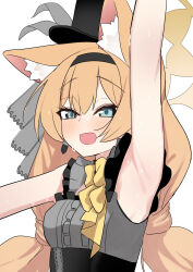 1girl animal_ear_fluff animal_ears arm_up armpits black_headband blue_archive earpiece halo hat headband highres idol idol_clothes long_hair low_twintails mari_(blue_archive) mari_(idol)_(blue_archive) official_alternate_costume orange_hair smile sweat teruisi top_hat twintails upper_body yellow_halo