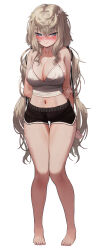 Rule 34 | 1girl, absurdres, arms behind back, barefoot, blue eyes, blush, breasts, cleavage, commentary request, dolphin shorts, full body, grey hair, highres, korean commentary, large breasts, long hair, looking at viewer, midriff peek, mixed-language commentary, navel, original, shorts, simple background, solo, standing, tank top, torriet, very long hair, white background, white tank top