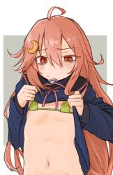 Rule 34 | 1girl, absurdres, ahoge, blue shirt, bra, clothes lift, crescent, crescent hair ornament, flat chest, green bra, hair between eyes, hair ornament, highres, kantai collection, long hair, looking at viewer, navel, po0000000000, red eyes, red hair, shirt, sidelocks, solo, underwear, uzuki (kancolle)