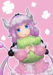 Rule 34 | 10s, 1girl, blue eyes, commentary request, dragon girl, dragon horns, dragon tail, hair bobbles, hair ornament, hairband, highres, horns, kanna kamui, kobayashi-san chi no maidragon, light purple hair, long hair, looking at viewer, low twintails, nine-bullet-revolver, hugging object, parted lips, pillow, pillow hug, simple background, solo, tail, twintails