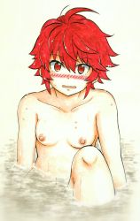 Rule 34 | 1girl, absurdres, ahoge, bath, bathing, blush, breasts, fire emblem, fire emblem fates, highres, hinoka (fire emblem), onsen, looking at viewer, mehonobu g, navel, nintendo, nipples, nude, onsen, open mouth, partially submerged, red eyes, red hair, short hair, small breasts, solo, sweatdrop, water, wavy mouth