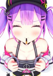 Rule 34 | 1girl, 3d, absurdres, artist request, blush, breasts, cleavage, closed eyes, collarbone, demon tail, embarrassed, food, hat, highres, hololive, jacket, medium breasts, pocky, pov, purple hair, shorts, tail, tokoyami towa, twintails, virtual youtuber, white background