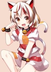 Rule 34 | 1girl, :d, animal ears, bell, between legs, brown background, brown hair, calico, cat ears, cat tail, clenched hand, fang, goutokuji mike, hand between legs, highres, looking at viewer, multicolored clothes, multicolored hair, multicolored shirt, multicolored skirt, multicolored tail, neck bell, open mouth, orange eyes, orange hair, puffy short sleeves, puffy sleeves, ruu (tksymkw), short hair, short sleeves, simple background, skirt, smile, solo, streaked hair, tail, touhou, white hair