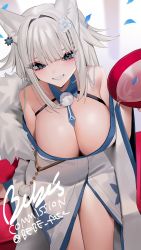 Rule 34 | 1girl, animal ears, bebe (bebe pp), blue eyes, breasts, cat ears, cleavage, collar, cup, eyeliner, falling petals, highres, japanese clothes, kimono, large breasts, looking at viewer, makeup, open clothes, open kimono, original, petals, sakazuki, signature, smile, virtual youtuber, white hair, white kimono
