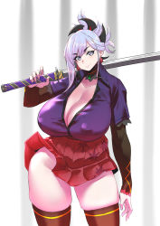 Rule 34 | 1girl, absurdres, alternate costume, asymmetrical hair, black bodysuit, black thighhighs, bodysuit, breasts, cleavage, closed mouth, clothes lift, collared shirt, detached collar, earrings, fate/grand order, fate (series), grey eyes, hair ornament, highres, holding, holding sword, holding weapon, huge breasts, jewelry, miniskirt, miyamoto musashi (fate), over shoulder, pleated skirt, ponytail, purple shirt, red skirt, school uniform, shirt, short sleeves, single sidelock, skirt, skirt lift, smile, standing, sword, sword over shoulder, thighhighs, thighs, uc (91776165), uniform, weapon, weapon over shoulder