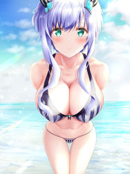 Rule 34 | 1girl, aw (artist), beach, bikini, blue sky, breasts, covered erect nipples, demon girl, green eyes, highres, large breasts, looking at viewer, maou gakuin no futekigousha, misha necron, ocean, outdoors, short hair, sky, smile, solo, sunlight, swimsuit, white hair