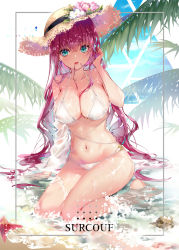 Rule 34 | 1girl, aqua eyes, azur lane, bare shoulders, barefoot, bikini, breasts, character name, cleavage, collarbone, flower, groin, halterneck, halterneck, hand up, hat, hat flower, kinokohime, large breasts, leaf, long hair, looking at viewer, mouth hold, multi-strapped bikini, navel, off shoulder, pink hair, sitting, solo, stomach, straw hat, string bikini, surcouf (azur lane), surcouf (loisirs balneaires) (azur lane), swimsuit, thighs, very long hair, water, wet, white bikini