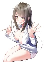 Rule 34 | 1girl, :d, absurdres, bare legs, blush, breasts, brown eyes, brown hair, cleavage, collared shirt, dated, highres, holding, large breasts, legs together, long hair, long sleeves, mimikaki, nekobaka, open mouth, original, shirt, short shorts, shorts, sidelocks, simple background, sitting, smile, solo, swept bangs, thighs, transparent background, white background, white shirt