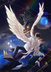 Rule 34 | 2boys, absurdres, ahoge, alternate costume, angel wings, armillary sphere, belt, black footwear, black pants, blue coat, blue pants, book, boots, brown hair, cape, chinese commentary, closed eyes, coat, colored shoe soles, commentary, facing away, feathered wings, floating, floating book, floating object, full body, hair between eyes, high heel boots, high heels, highres, kaitou kid, knee boots, kudou shin&#039;ichi, kuroba kaito, light particles, long sleeves, looking at another, lying, male focus, meitantei conan, monocle, multiple boys, on back, open book, pants, parted lips, planet, short hair, sitting, sky, space, spiked hair, star (sky), starry sky, thigh belt, thigh strap, torn clothes, torn coat, white cape, white footwear, white wings, wings, xue ezi, yokozuwari