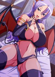 Rule 34 | 1girl, aokura shou, armlet, bare shoulders, black thighhighs, bracelet, breasts, bridal gauntlets, cleavage, demon girl, demon tail, demon wings, earrings, female focus, highres, horns, huge breasts, jewelry, licking, licking finger, looking at viewer, lots of jewelry, nail polish, naughty face, navel, original, purple hair, solo, tail, thick thighs, thighhighs, thighs, tongue, wings