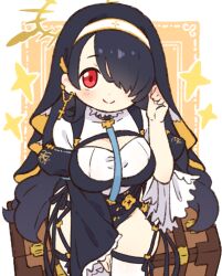 Rule 34 | 1girl, black dress, black hair, black headwear, blue archive, blush, breasts, closed mouth, coif, commentary request, cowboy shot, dress, earrings, garter straps, hair over one eye, halo, hinata (blue archive), jewelry, large breasts, looking at viewer, nun, onyhakase, red eyes, smile, solo, thighhighs, white thighhighs, yellow halo