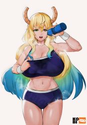 Rule 34 | 1girl, :o, absurdres, alternate costume, artist name, black eyes, blonde hair, blue hair, bottle, breasts, breath, buruma, commentary, dragon girl, dragon horns, english commentary, exercising, green background, green eyes, green hair, hair between eyes, hand up, heavy breathing, heterochromia, highres, holding, holding bottle, horns, huge breasts, kobayashi-san chi no maidragon, kobi420, long hair, looking at viewer, lucoa (maidragon), multicolored hair, navel, open mouth, signature, solo, sports bikini, standing, steam, steaming body, sweat, sweatband, sweatdrop, teeth, tongue, unusually open eyes, upper teeth only, water bottle, watermark, white background, yellow pupils