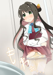 Rule 34 | 1girl, blue neckwear, blush, brown hair, closed mouth, clothes lift, dress, dress lift, embarrassed, female focus, green eyes, grey pantyhose, hair bun, hair ornament, hair ribbon, indoors, jacket, japanese text, kantai collection, legs together, lifted by self, long hair, long sleeves, minamimachi naname, multicolored hair, naganami (kancolle), panties, panty pull, pantyhose, pee, peed self, pink hair, red dress, ribbon, single hair bun, solo, stained panties, standing, steam, tears, toilet, toilet stall, translation request, two-tone hair, underwear, wet, wet clothes, white jacket, white panties, yellow ribbon