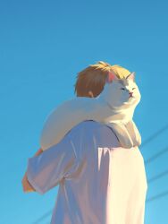 Rule 34 | 1boy, absurdres, animal, animal on shoulder, blonde hair, blue sky, cat, cat on shoulder, chainsaw man, clear sky, commentary, day, denji (chainsaw man), from behind, highres, kozzz y, male focus, meowy (chainsaw man), shirt, short hair, short sleeves, sky, solo, symbol-only commentary, upper body, white shirt