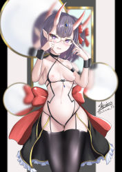 Rule 34 | 1girl, absurdres, back bow, black choker, black thighhighs, blurry, blurry background, blush, bow, breasts, choker, collarbone, commentary request, depth of field, fang, fate/grand order, fate (series), frills, glasses, gluteal fold, hair bow, hands up, headpiece, highres, horns, nipples, oni, open mouth, pointy ears, purple eyes, purple hair, pussy, red bow, reflection, round eyewear, sato art, short eyebrows, shuten douji (fate), signature, skin-covered horns, small breasts, solo, thick eyebrows, thighhighs, twitter username, wavy mouth, wrist cuffs, yellow-framed eyewear