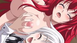 Rule 34 | 10s, 2girls, animated, animated gif, blush, grabbing another&#039;s breast, breasts, demon girl, closed eyes, grabbing, high school dxd, large breasts, multiple girls, nude, red hair, rias gremory, screencap, smile, talking, toujou koneko, white hair, yuri