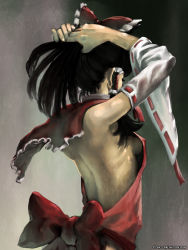 Rule 34 | 1girl, adjusting hair, armpits, arms up, back, backless outfit, bare back, black hair, bow, breasts, detached sleeves, eyelashes, female focus, from behind, hair bow, hair ornament, hair tubes, hakurei reimu, highres, japanese clothes, medium breasts, miko, ponytail, raichi (litchixlitchi), ribbon, sideboob, solo, team shanghai alice, touhou
