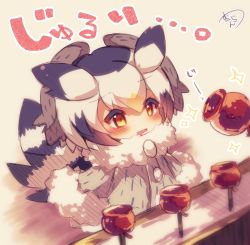 Rule 34 | 10s, 1girl, bird tail, black hair, blush, brown eyes, candy apple, chibi, coat, drooling, food, fur-trimmed coat, fur-trimmed sleeves, fur collar, fur trim, grey coat, hair between eyes, head wings, kemono friends, long sleeves, looking away, mouth drool, multicolored hair, muuran, northern white-faced owl (kemono friends), orange hair, parted lips, signature, solo, sparkle, standing, tail, translation request, white hair, wings