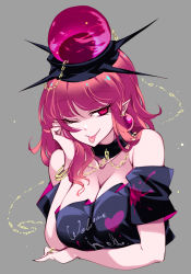 Rule 34 | 1girl, black headwear, black shirt, breasts, chain, cleavage, closed mouth, clothes writing, collarbone, grey background, hecatia lapislazuli, highres, large breasts, off-shoulder shirt, off shoulder, one eye closed, pointy ears, raptor7, red eyes, red hair, shirt, short hair, short sleeves, simple background, smile, solo, t-shirt, tongue, tongue out, touhou, upper body