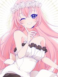 Rule 34 | 1girl, absurdres, back bow, blue eyes, bow, collarbone, dress, finger to cheek, frilled dress, frills, hair between eyes, head wreath, highres, index finger raised, jame, light blush, long hair, looking at viewer, megurine luka, one eye closed, pink hair, sidelocks, smile, solo, very long hair, vocaloid, white background, white bow, white dress