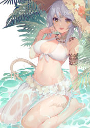 Rule 34 | 1girl, :d, akizone, arm support, armlet, au ra, bare shoulders, barefoot, bikini, breasts, brown hat, caustics, dragon horns, dragon tail, fang, final fantasy, final fantasy xiv, front-tie bikini top, front-tie top, hand up, hat, highres, horns, looking at viewer, medium breasts, navel, open mouth, plant, sarong, short hair, silver hair, sitting, smile, solo, stomach, straw hat, swimsuit, tail, thighs, warrior of light (ff14), water, white background, white bikini, yellow eyes