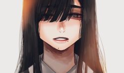 Rule 34 | 1girl, black hair, grey eyes, hair over one eye, hoshi san 3, long hair, looking at viewer, mole, mole under eye, mole under mouth, one eye covered, original, parted lips, portrait, simple background, solo, white background