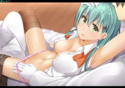 Rule 34 | 10s, 1boy, 1girl, :p, admiral (kancolle), aqua hair, armpits, arms up, bow, bow panties, breasts, cleavage, dress shirt, facial hair, gloves, green eyes, hair ornament, hairclip, hand on another&#039;s head, hetero, isshiki (ffmania7), kantai collection, long hair, looking at viewer, military, military uniform, naval uniform, navel, no bra, open clothes, open shirt, panties, panty pull, pink panties, pulling another&#039;s clothes, shirt, sitting, sitting on lap, sitting on person, skirt, skirt around one leg, smile, stubble, suzuya (kancolle), thighhighs, tongue, tongue out, twitter username, underwear, uniform, white gloves