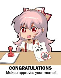 Rule 34 | 1girl, bow, chibi, congratulations, english text, fujiwara no mokou, hair bow, jokanhiyou, long hair, paper, red eyes, rubber stamp, simple background, solo, thumbs up, touhou, white background